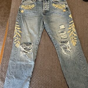 Distressed Jeans with Gold Leaf Embroidery